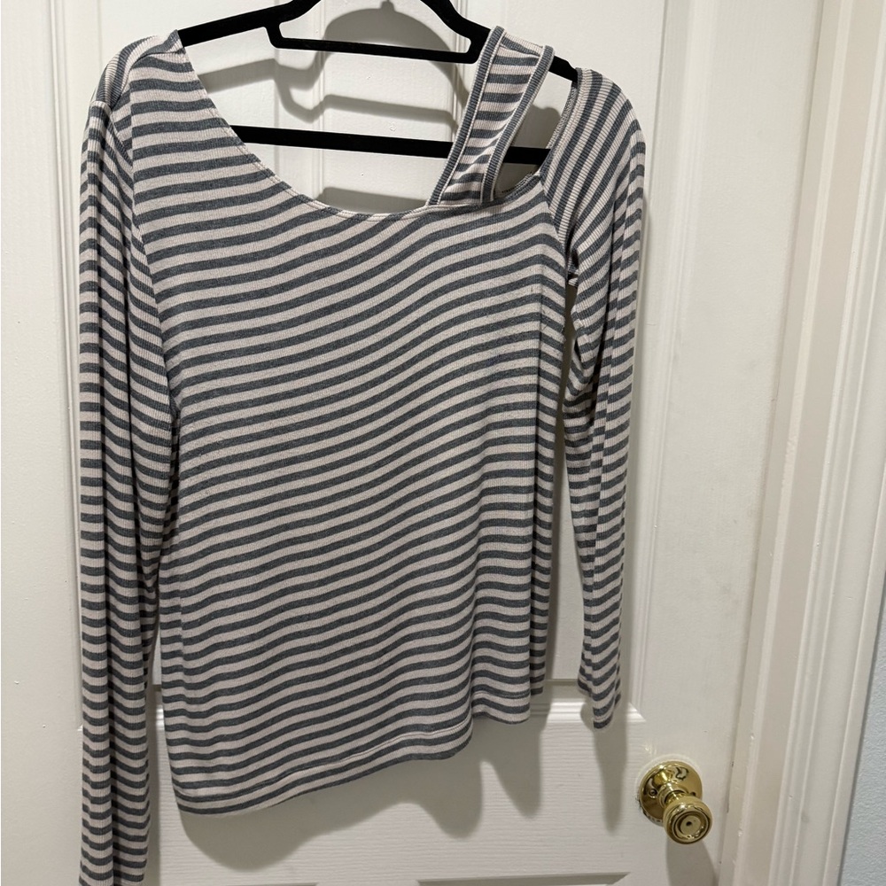 CAbi Asymmetrical Striped Long Sleeve Top - Gray and White